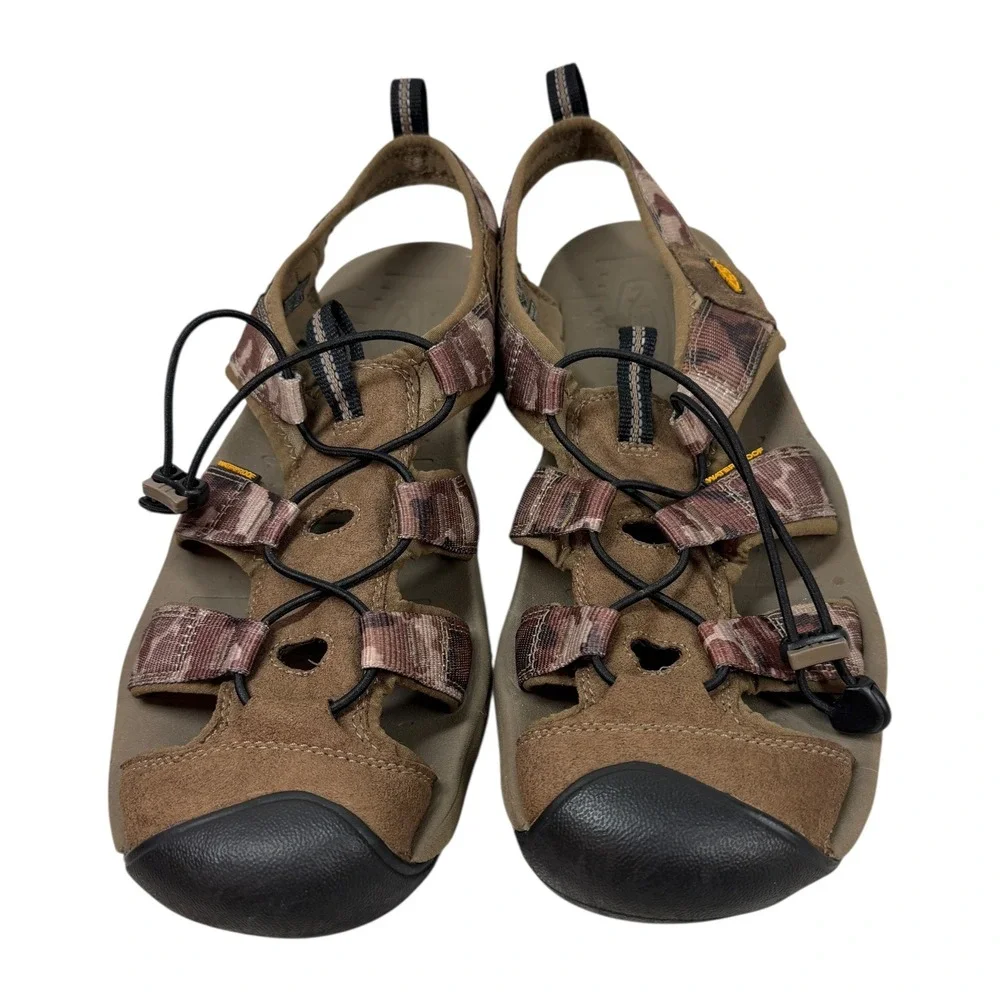 KEEN Clearwater CNX Sandals Mens 12 Brown Camo Bungee Lace Outdoor Hiking Logo